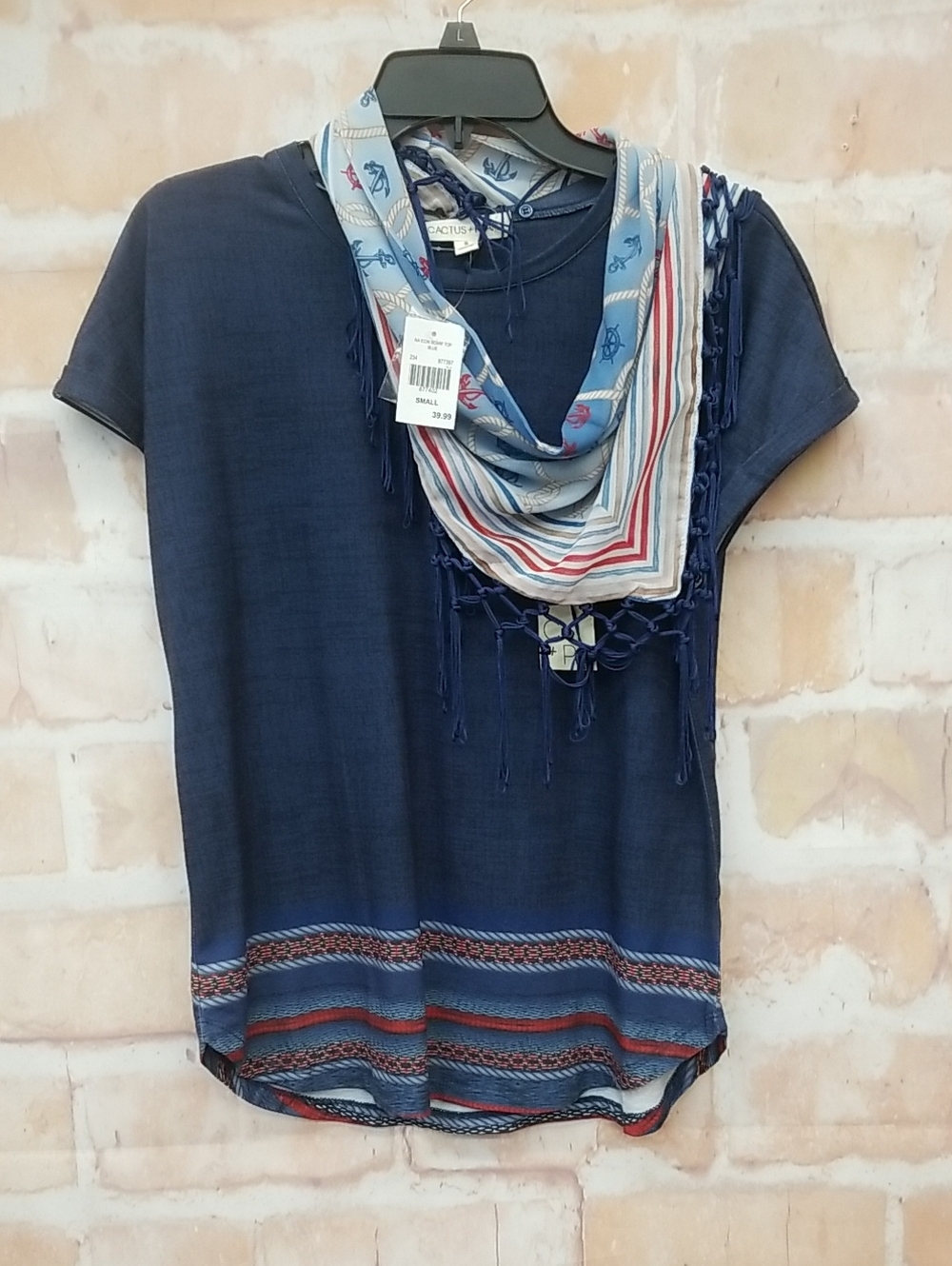 Cactus & Pearl Navy Short-Sleeve Top with Striped Scarf